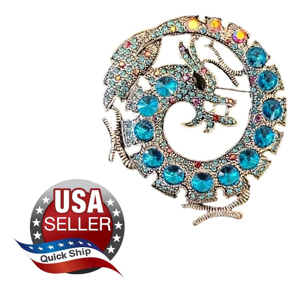 Blue Circle Dragon Brooch Pendant Pin • Inverted Rhinestones • AB • Silver Tone